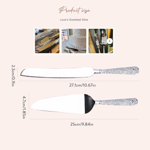 May include: A silver cake knife and server set with ornate handles. The knife measures 10.67 inches long and 0.9 inches wide. The server measures 9.84 inches long and 1.85 inches wide. The text Love's Sweetest Slice is visible at the top.