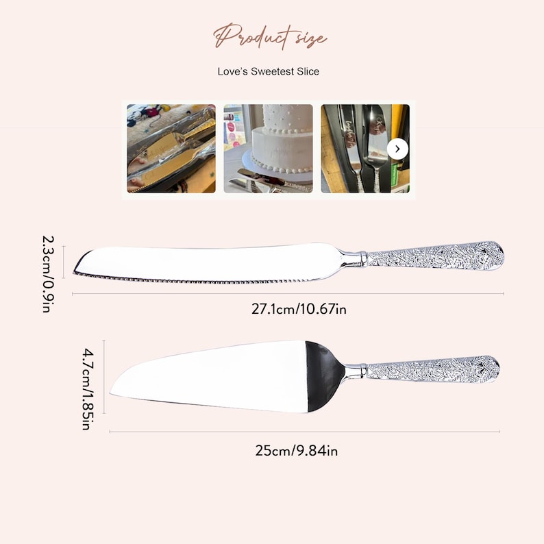 May include: A silver cake knife and server set with ornate handles. The knife measures 10.67 inches long and 0.9 inches wide. The server measures 9.84 inches long and 1.85 inches wide. The text Love's Sweetest Slice is visible at the top.