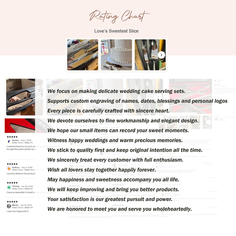 May include: A wedding cake serving set featuring a silver-toned knife and server with reflective surfaces. The text on the image includes: We focus on making delicate wedding cake serving sets. Supports custom engraving of names, dates, blessings and personal logos. Every piece is carefully crafted with sincere heart.