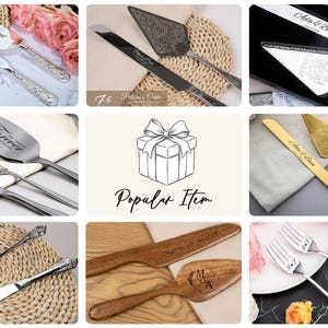 Puede incluir: Una colecci&oacute;n de juegos para servir pasteles de boda que incluye cuchillos y palas de metal plateado con mangos ornamentados, juegos dorados y utensilios de madera. Muchas piezas est&aacute;n grabadas con nombres y fechas como Ada & Bain.