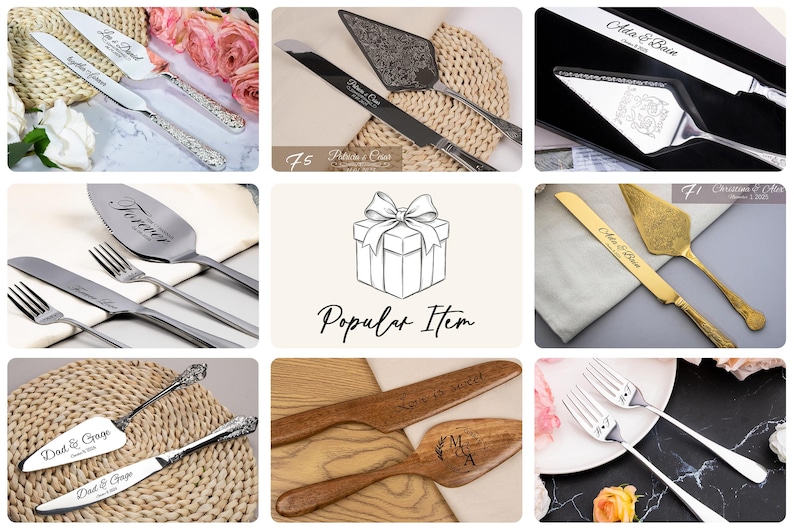 Puede incluir: Una colecci&oacute;n de juegos para servir pasteles de boda que incluye cuchillos y palas de metal plateado con mangos ornamentados, juegos dorados y utensilios de madera. Muchas piezas est&aacute;n grabadas con nombres y fechas como Ada & Bain.
