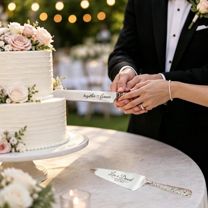 May include: A silver cake knife engraved with the text together forever and a heart symbol, and a matching silver cake server engraved with the text Lea & Daniel 06.24.2024, both featuring ornate handles and polished metallic surfaces.