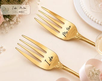 Personalized Engraved Dessert Fork Set of 2, Gold or Silver Stainless Steel, Custom Wedding, Anniversary, Newlywed or Couple Gift