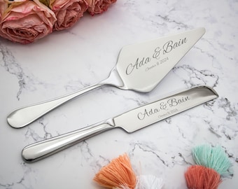 Juego de cuchillos para pastel de bodas grabados: recuerdo personalizado de acero inoxidable