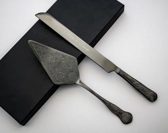 Custom Engraved Cake Knife and Server Set: Gold or Black Stainless Steel