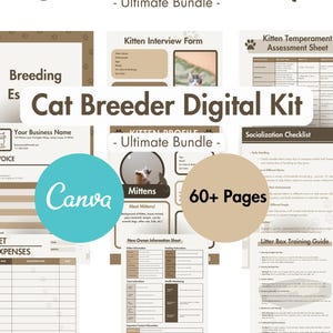 Kit y paquete digital definitivo para criadores de gatos: plantillas Canva editables y archivos PDF para registros de cría, certificados de nacimiento y mucho más.