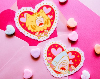 Shark and Tiger Valentine Hearts - Glossy Vinyl Stickers (Your Choice of Design)