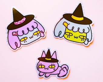 Halloween Spooky Derpy Cute Witches and Cats - Glitter Holographic Sticker (Your Choice of Style)