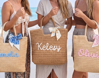 Sac de plage en paille personnalisé, fourre-tout de voyage à monogramme grande capacité, accessoires de fête bachelorette, sac de piscine pour fille