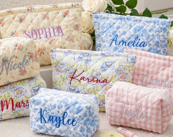 Trousse de maquillage florale personnalisée, pochette cosmétique brodée avec nom, cadeau de demande en mariage pour demoiselle d'honneur