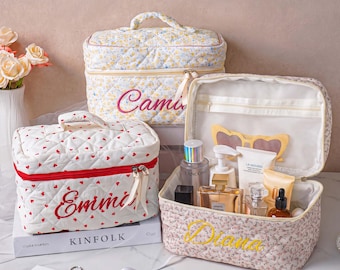 Personalized Quilted Makeup Bag, Custom Embroidered Toiletry Pouch, Travel Cosmetic Bag, Bridal Shower Gift