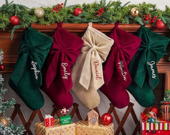 2026 Personalized Bow Christmas Stocking,Family Christmas Stockings with Name,Velvet Christmas Stocking,Monogram Stocking,Holiday Decor Gift