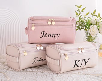 Trousse de maquillage personnalisée brodée en cuir, trousse à maquillage personnalisée de grande capacité, cadeaux de demoiselle d'honneur, cadeau pour femme, cadeau de shower de bébé