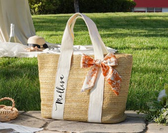 Bolso de playa de paja personalizado, regalo para damas de honor o despedida de soltera, detalle de bufanda personalizado