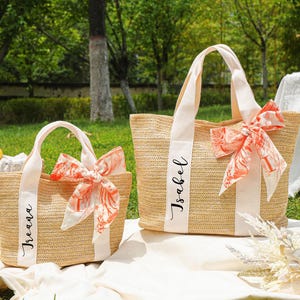 Borse di paglia personalizzate, bomboniere per addio al nubilato, borsa da spiaggia personalizzata, regali per addio al nubilato, proposta di matrimonio per damigelle d'onore, borsa di iuta con sciarpa