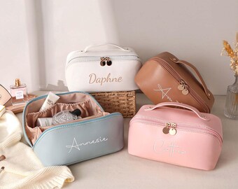 Neceser personalizado, neceser de maquillaje de cuero bordado, regalos para damas de honor, neceser de cosméticos de cuero bordado, organizador de maquillaje, regalo para ella.