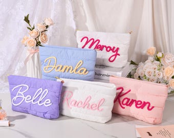 Trousse de maquillage personnalisée pour demoiselle d'honneur, pochette matelassée en chenille avec nom, cadeau pour enterrement de vie de jeune fille.