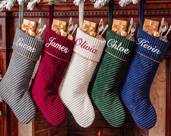 2026 Personalized Corduroy Christmas Stocking, Embroidered Name Family Stocking, Holiday Decor Gift
