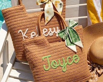 Sac de plage personnalisé en chenille, sac fourre-tout en paille avec fermeture à glissière, accessoires de fête bachelorette, escapade entre filles