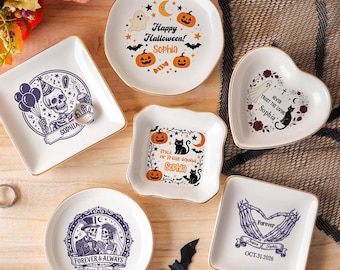 Custom Halloween Ceramic Jewelry Tray, Personalized Gothic Trinket Dish, Halloween Decor Gift
