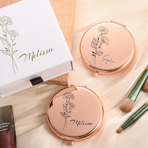 Aangepaste make-upspiegel op zak, mooi huwelijkscadeau, spiegel gegraveerd bruidsmeisje, zakspiegel geboortebloem, vrijgezellenfeestgunsten