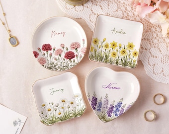 Personalised Birth Flower Jewelry Dish,Watercolor Flower Ring Dish,Wedding Bridesmaid Gift, Birthday Trinket Dish