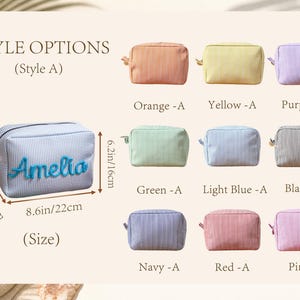 May include: A rectangular zippered pouch with a striped pattern, available in nine colors including orange, yellow, purple, green, light blue, black, navy, red, and pink. The pouch measures 8.6 inches by 6.2 inches by 3.5 inches, with Amelia in blue.