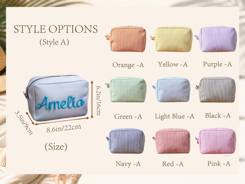 May include: A rectangular zippered pouch with a striped pattern, available in nine colors including orange, yellow, purple, green, light blue, black, navy, red, and pink. The pouch measures 8.6 inches by 6.2 inches by 3.5 inches, with Amelia in blue.