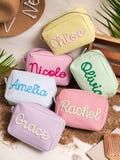 Custom Seersucker Makeup Bag: Personalized Bridesmaid Cosmetic Bag, Vacation Travel Pouch, Gifts for her product logo