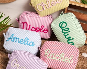 Custom Seersucker Makeup Bag: Vacation Travel Pouch, Bridesmaid Gift Bag, Graduation Gifts for her