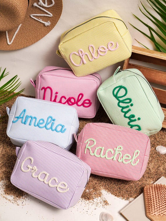 Custom Seersucker Makeup Bag: Personalized Bridesmaid Cosmetic Bag, Vacation Travel Pouch, Gifts for her