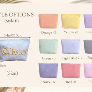 May include: A collection of rectangular zippered pouches in various colors including orange, yellow, purple, green, light blue, black, navy, red, and pink. Each pouch features a striped pattern and measures 10.4in by 6.6in by 2.5in, with one showing the name Olivia.
