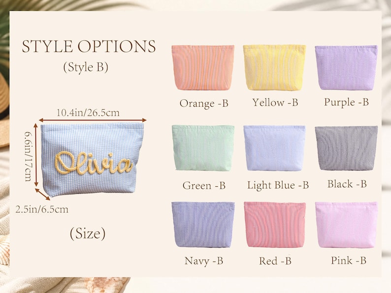 May include: A collection of rectangular zippered pouches in various colors including orange, yellow, purple, green, light blue, black, navy, red, and pink. Each pouch features a striped pattern and measures 10.4in by 6.6in by 2.5in, with one showing the name Olivia.