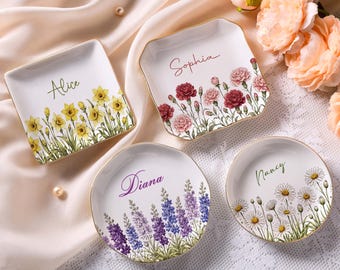 Gepersonaliseerde geboortebloem sieraden ringschaal, aquarel bloemen naamschaal, bruiloft bruidsmeisje cadeau