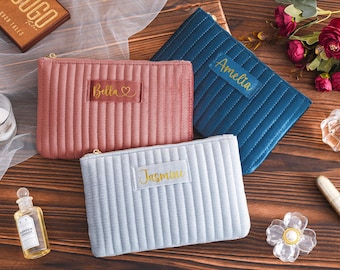 Trousses à cosmétiques personnalisées en velours, Cadeaux de demoiselle d'honneur, Trousse de maquillage en velours, Trousse de toilette de voyage avec nom, Cadeau pour enterrement de vie de jeune fille ou de jeune garçon, Cadeau pour elle