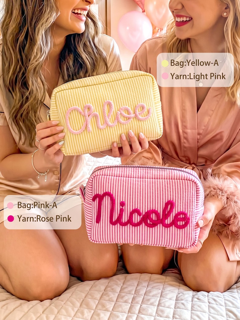 May include: Two rectangular zippered pouches with vertical stripes. The yellow pouch features the name Chloe in light pink yarn, while the pink pouch displays the name Nicole in rose pink yarn. Text labels indicate Bag:Yellow-A, Yarn:Light Pink, Bag:Pink-A, and Yarn:Rose Pink.