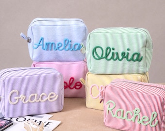 Personalized Seersucker Makeup Bag, Chenille Name Cosmetic Pouch, Travel Toiletry Case, Gift for Her
