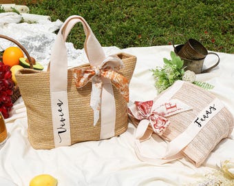 Custom Beach Straw Bags, Beach Bag Bachelorette, Personalized Bag with Scarf, Bridal Shower Bag, Wedding Gift, Bridesmaid Proposal, Tote Bag