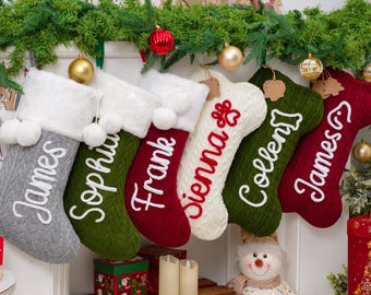 Personalized Family Christmas stockings,Knitted Stocking with Name,Dog Bone Stockings, Pet Stockings,Holiday Stockings,Holiday Decor Gift