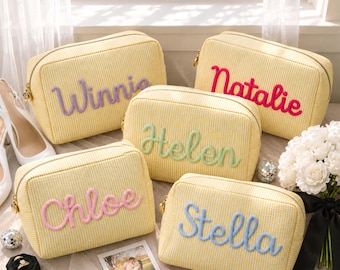 Custom Seersucker Makeup Bag: Monogram Cosmetic Bag, Bachelorette party favor,  Gifts for her