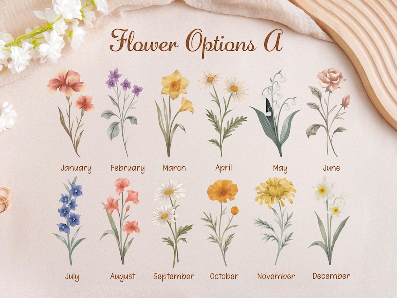 Op de afbeelding: Waterverfillustratie van twaalf bloemen, die elk een maand van het jaar vertegenwoordigen. De tekst "Flower Options A" staat bovenaan. Elke bloem is gelabeld met de bijbehorende maand, van januari tot en met december. De bloemen zijn in verschillende kleuren, waaronder roze, paars, geel en wit.