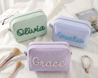 Personalized Seersucker Makeup Bag, Chenille Name Cosmetic Bag, Travel Toiletry Pouch, Gift for Her