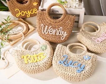 Sac à main en paille personnalisé, sac panier tressé, sac en paille pour mariage, sac à main en paille au crochet personnalisé pour demoiselle d'honneur, sac de plage pour EVJF