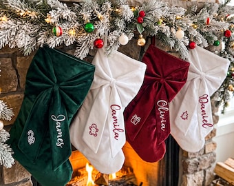 Personalized Bow Christmas Stocking, Family Christmas Stockings with Name, Velvet Christmas Stocking, Holiday Decor Gift