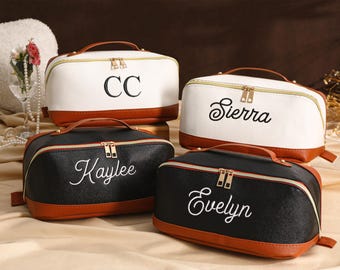 Personalized Embroider Cosmetic Bag, Leather Makeup Bag, Gift for Her, Bridal Party Gifts, Bridesmaid Proposal, Custom Name Cosmetic Bag