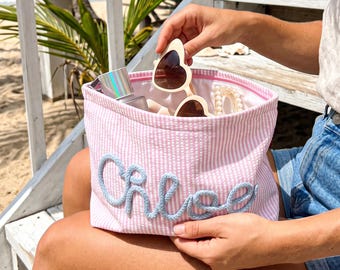 Trousse de maquillage en seersucker, pochette de voyage pour les vacances, organiseur de sac de plage d'été