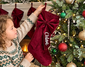 Custom Velvet Family Christmas Stockings, Personalized Bow Christmas Stocking with Name, Holiday Decor Gift