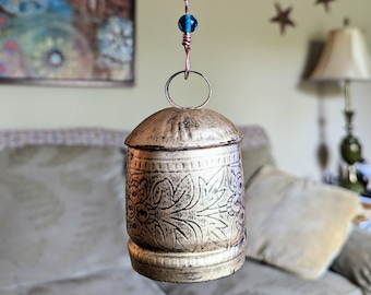 Rustic Bohemian Glass Beaded Etched Bell Suncatcher Chime