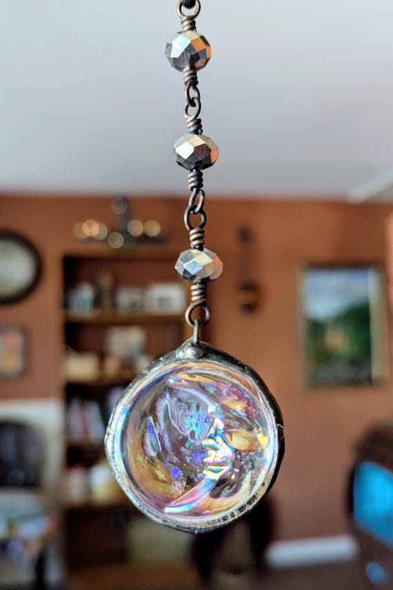 Crescent Moon Soldered Glass Black Beaded Rearview Mirror Car Charm Suncatcher