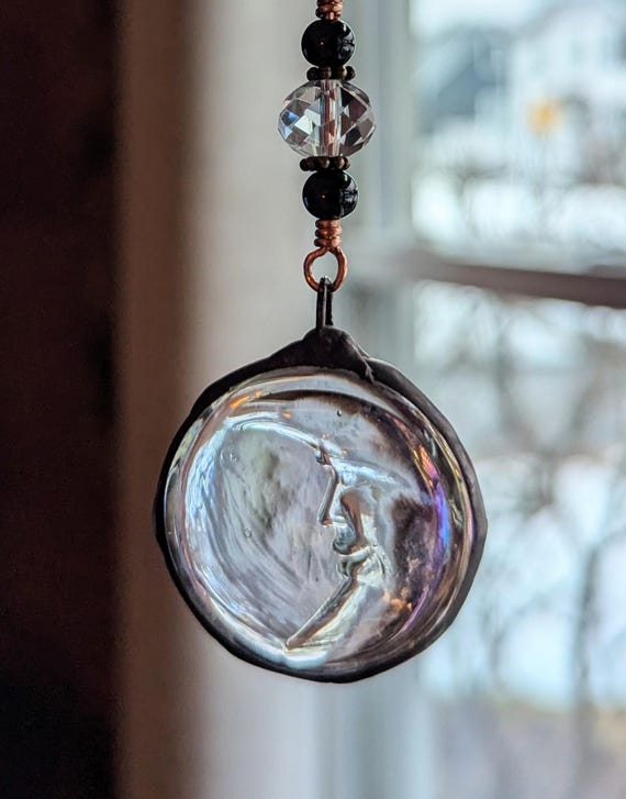 Crescent Moon Soldered Glass Clear Beaded Rearview Mirror Copper Wire  Car Charm Suncatcher